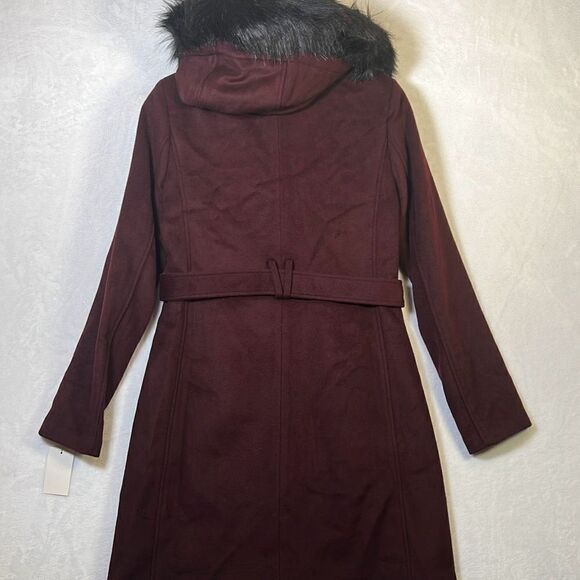 Cole Haan Women's Hooded Coat Slick Wool with Detatchable Faux Fur Trim- Women 4 - Picture 7 of 9